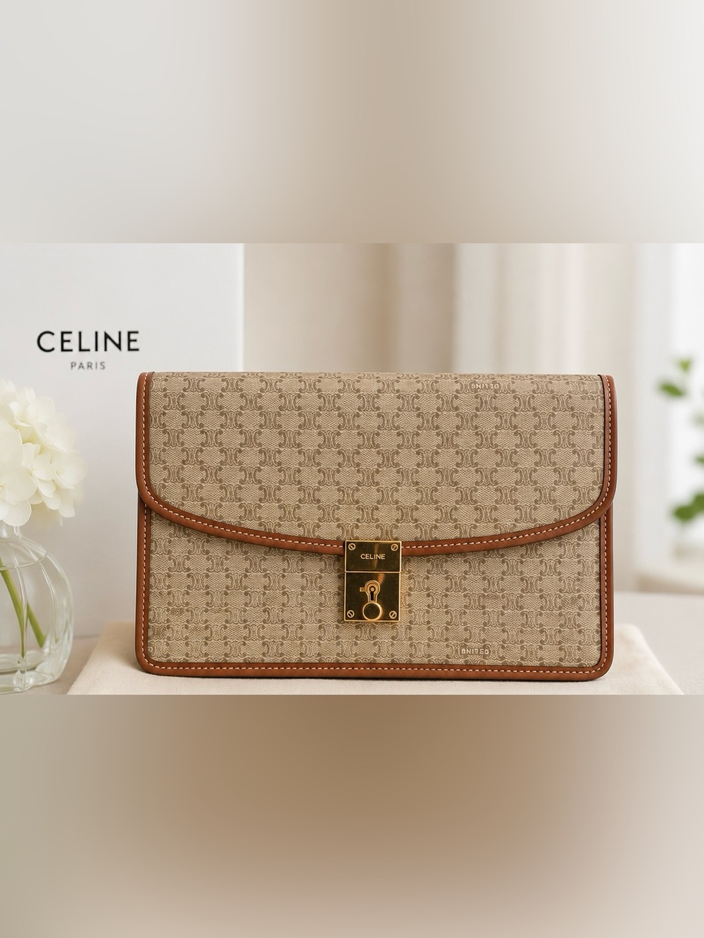 Celine Beige Monogram Canvas Clutch with Brown Trim and Gold Hardware